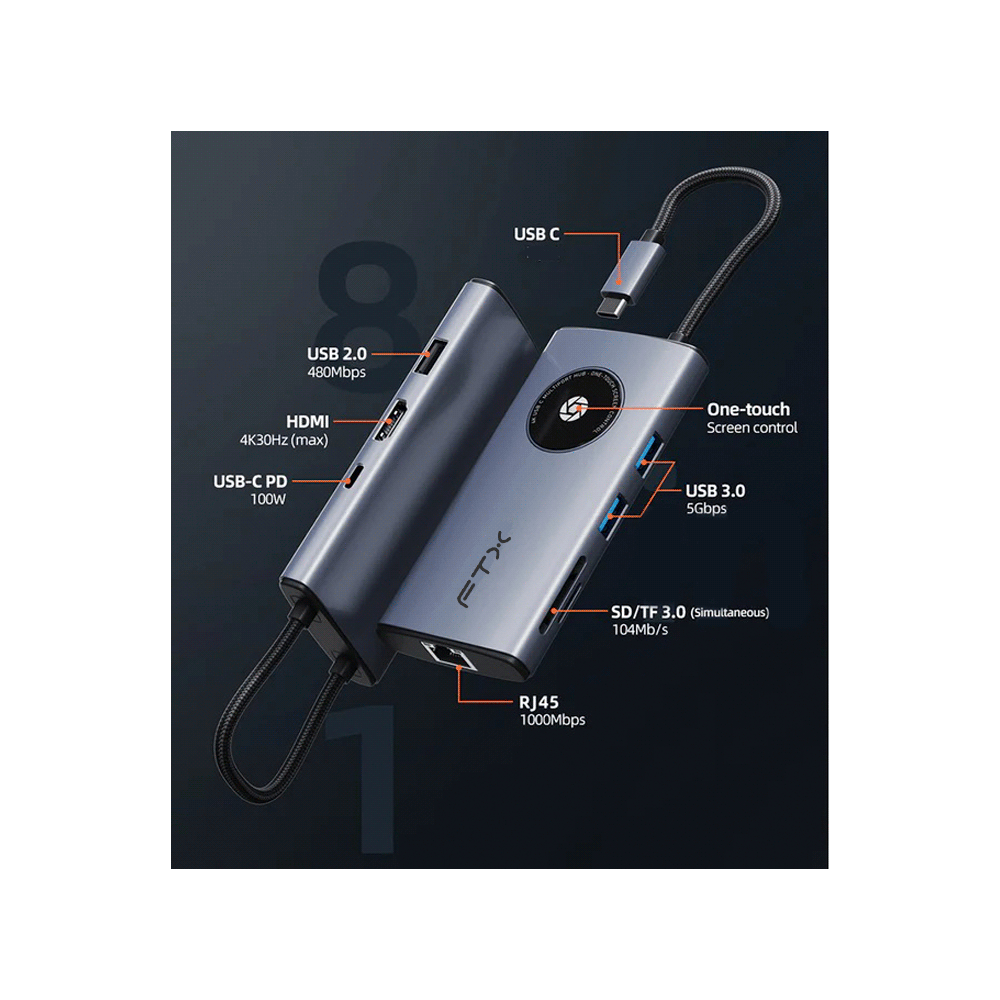 HUB 8 EN 1 USB-C - HDMI/RJ45/USB-A/USB-C/SD FTX-HU
