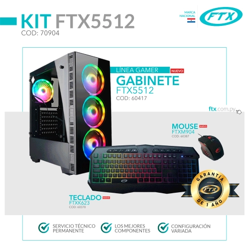 GABINETE KIT GAMER FTX5512 600W+ MOUSE+ TECLADO/4FAN RGB/VIDRIO TEMPLADO/ESPAÑOL